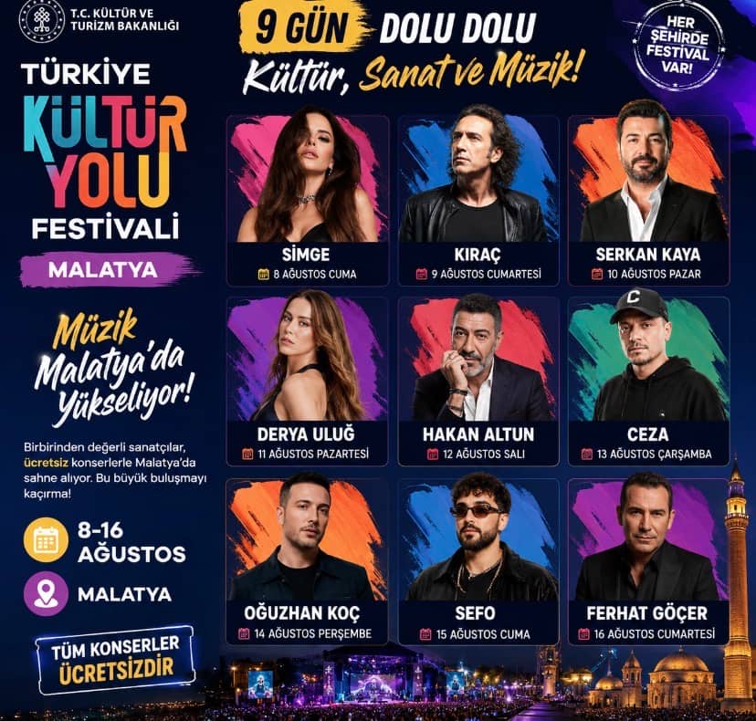 Malatya Kültür Yolu Festivali Başlıyor: Yıldız Geçidi Gibi Konser Takvimi Açıklandı!