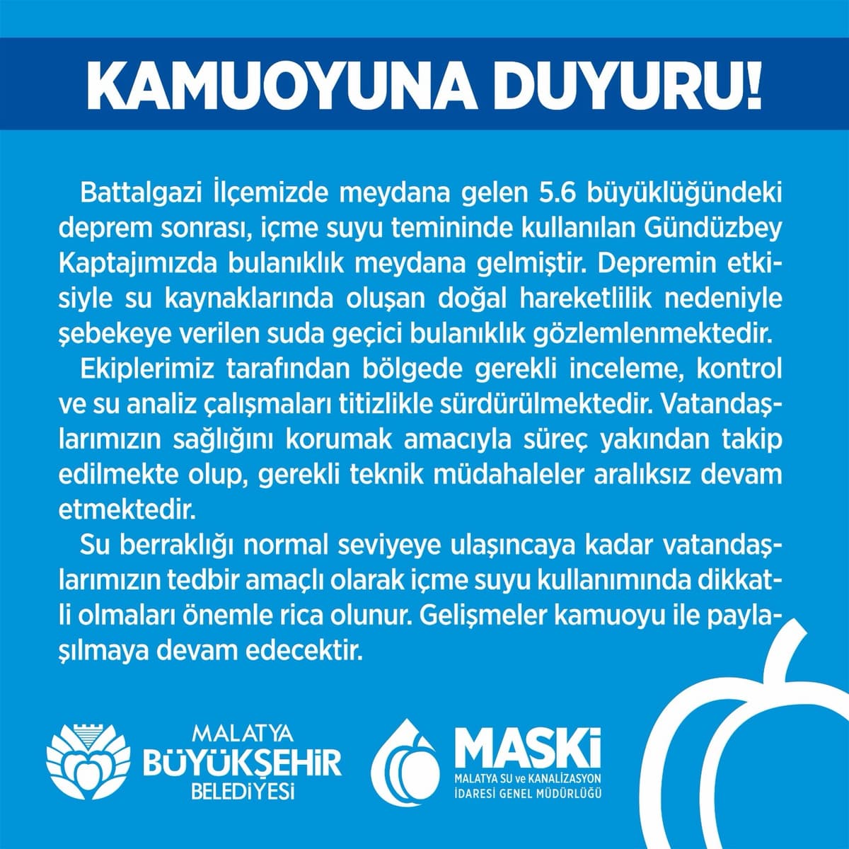 Malatya'da Deprem Sonrası Şebeke Suyu İçin Uyarı: "Geçici Bulanıklık Yaşanıyor"
